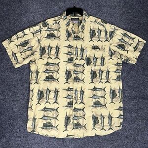 Columbia XCO‎ Shirt Mens XL Beige Fish Short Sleeve Button Down Pocket Cotton